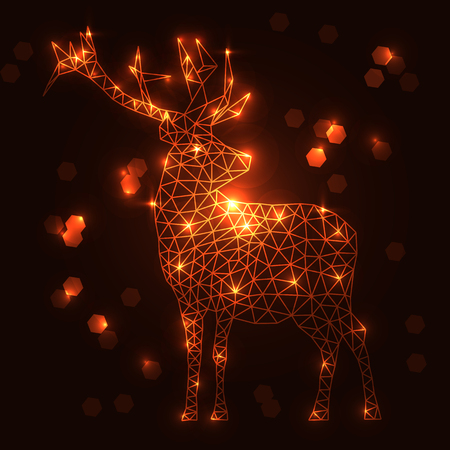 Abstract polygonal deer with shining lamps effect, golden lines. Low poly design, hexagon, geometry. Animal, concept, style, modern. Christmas, winter, new year. Wild, scandinavian, cosy.のイラスト素材