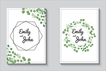 Template, wedding invitation, cards with eucalypthus branches and leaves on white background.Greenery, rustic, herbal, minimalisti c design.のイラスト素材