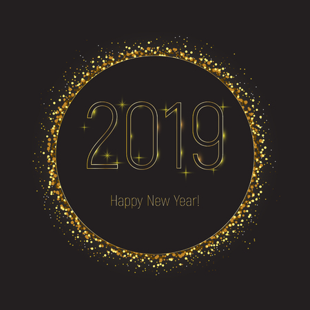 2019 happy new year greeting card, black circle with gold glitter border  on black background. Golden, shining, celebration, party. Banner, broshure.のイラスト素材