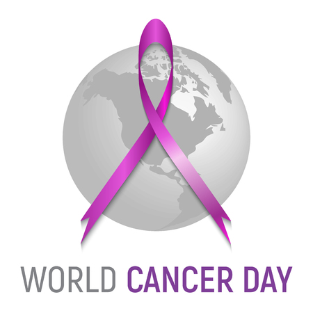 Violet satin ribbon and Earth planet World illustration on white background. Cancer day, prevention, february, date. Health, medicine, life. Poster, banner, icon, sign.のイラスト素材