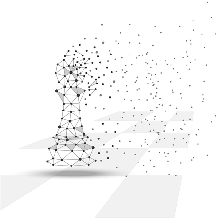 Low poly pawn figure on chessboard. Game, winner, business, chess, strategy concept. Dots, triangle, geometry, polygon. White background, vector illustration.のイラスト素材