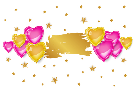 Gold and pink 3d heart baloons, golden stars on white background. Gold brush shape, template for text, greeting card, banner, poster. Girl, teen, fashion, style, cute. love, romance, gloss, shine.のイラスト素材