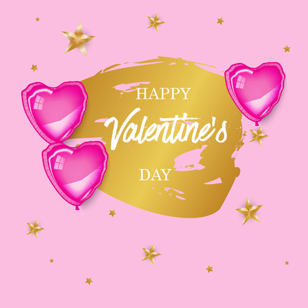 Vector illustration, golden brush background, pink baloons, gold stars. Greeting card, text template, invitation, sale, banner.Foil, gloss, shine. Love, romance, wedding, marriage, party.のイラスト素材