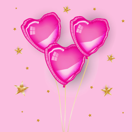 Three pink heart baloons flying on pink background, Gold stars. Valentine's day, greeting card, banner, poster, flyer. Love, romantic, sweet, girl, happy.のイラスト素材