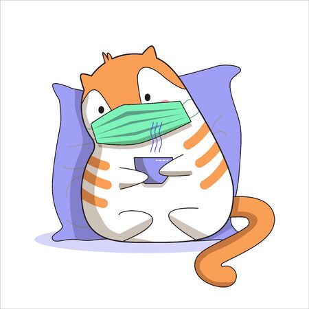 Ill cat in a mask with a cup of hot tea.のイラスト素材