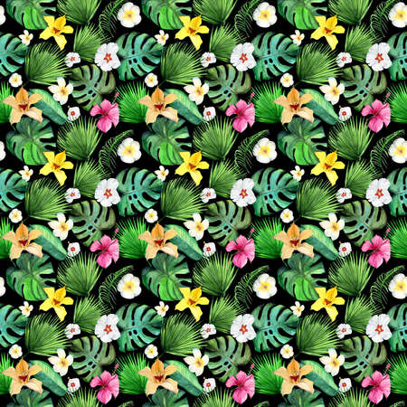 Tropical seamless pattern leaves on black backgroundの写真素材