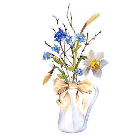 Watercolor Plant Spring Bouquet with white narcissus on white backgroundの写真素材