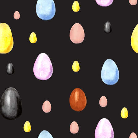 Seamless pattern watercolor eggs on black backgroundの写真素材