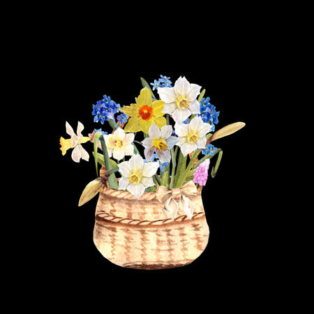 Flower bouquet with Easter eggs and fresh flowers in a basket, hand drawn watercolor illustrationの写真素材