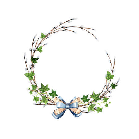 Willow wreath decorated with bow and ivy leafs on white backgroundの写真素材