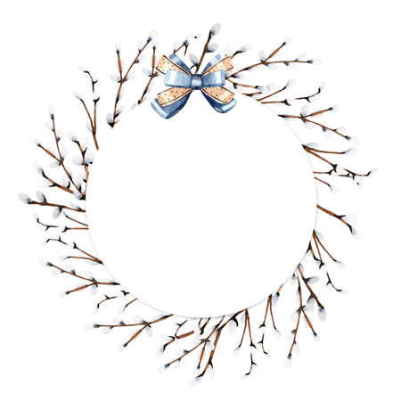 Willow circle frame with bow watercolor illustration on white backgroundの写真素材