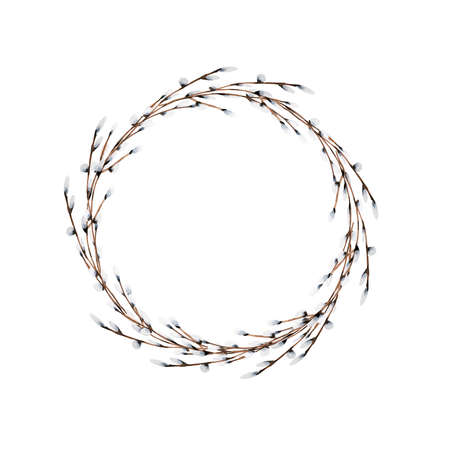 Willow wreath circle frame on white backgroundの写真素材