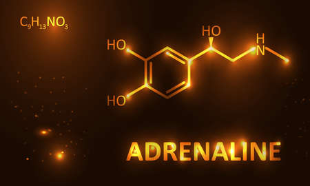 Adrenaline molecule luxury gold on dark background, vector illustration. Vector illustration. Minimalistic line structure, shining formula. Biochemistry or hormone health, stress or fear. Shining bright, perfect for banner, logo.のイラスト素材