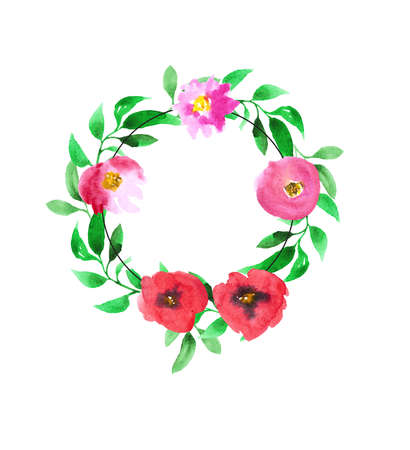Floral wreath red and pink watercolor poppies on white backgroundの写真素材