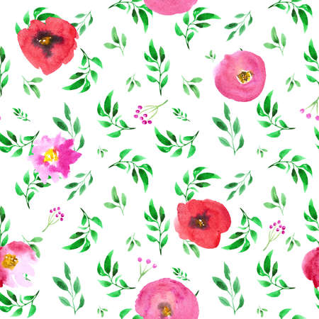 Watercolor red poppy flowers and leafs seamless patternの写真素材