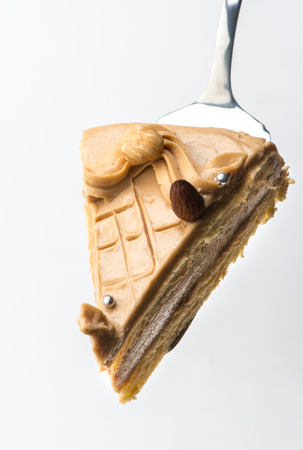 Slice of homemade hazelnut and peanuts cake served on a white plate. Studio shot on white backgroundの写真素材