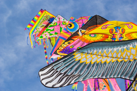 row of kites in the summer skyの写真素材