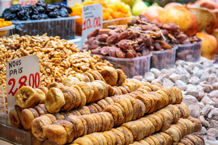 Close uo of assorted dried fruits at La Boqueria market