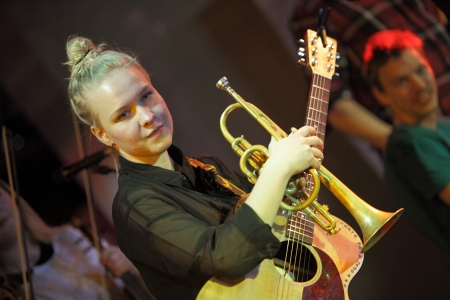 MOSCOW, RUSSIA - NOVEMBER 17: Miriam Kjolend plays concert in "Gorbushkin Dvor" hall on November 17, 2012 in Moscow. Miriam Kjolend is member of "Mhoo" Norvegian music band.のeditorial素材
