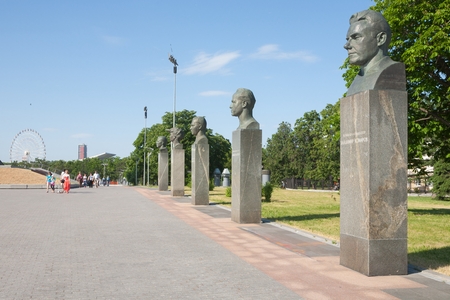 MOSCOW - MAY 31: Soviet cosmonauts monuments at Cosmonauts Alley on May 31, 2014 in Moscow.のeditorial素材