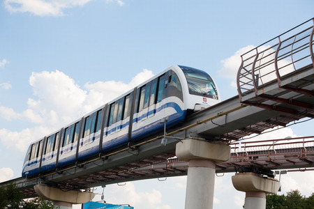MOSCOW - AUGUST 20: Monorail train in Ostankino district on August 20, 2014 in Moscow. Ostankino is administrative district of North-Eastern part of Moscow.のeditorial素材