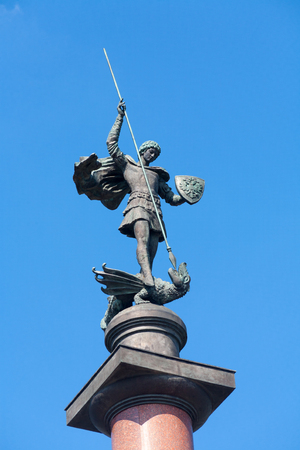 MOSCOW, RUSSIA - AUGUST 12, 2017: St. George Victorious statue on Killed Policemens monument in Trubnaya Square. The monument was opened on November 11, 1994.のeditorial素材