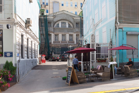 MOSCOW - AUGUST 7: Buildings reconstruction in Stoleshnikov Lane on August 7, 2017 in Moscow. Stoleshnikov Lane is pedestrian street in center of Moscow.のeditorial素材