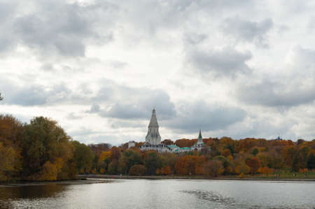 Moscow, Russia - October 5, 2019: Autumn trees, stormy sky, Moskva river and Kolomenskoye park. Kolomenskoye is former royal residence located in south of Moscow.のeditorial素材