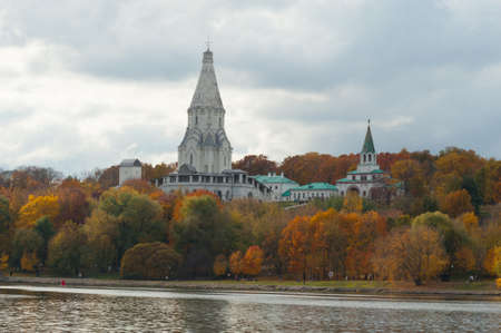 Moscow, Russia - October 5, 2019: Autumn trees, stormy sky, Moskva river and Cathedrals in Kolomenskoye park. Kolomenskoye is former royal residence located in south of Moscow.のeditorial素材