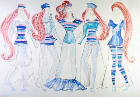 the drawing of clothes colored pencils on paper. fashionable clothes, sketches on paper.の写真素材