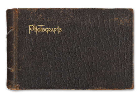 Vintage leather-bound photograph album isolated on white background