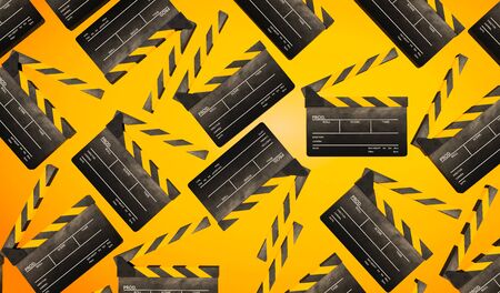 3D rendering of Clapperboard on yellow background. Movie clappers and film reel on yellow backgroundの写真素材