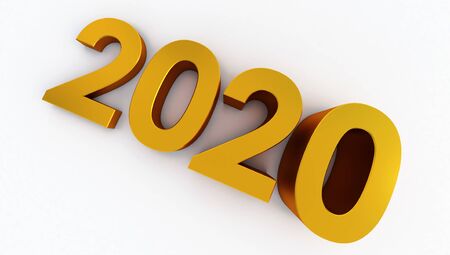 3D rendering of Happy New Year 2020, golden 2020 Year Number Text on White Background
