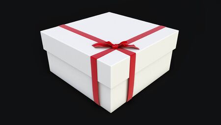 3d rendering of white gift box with shiny red ribbons isolated on black background, Holiday...