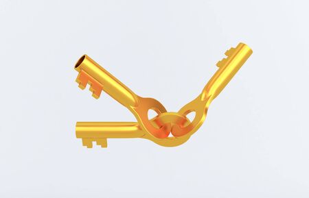 Old rusty golden door keys isolated on white. 3D rendering