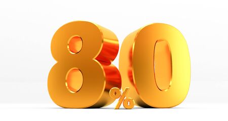golden eighty percent on a white background. Sale of special offers. Discount with the price is 80%. 3D renderingの写真素材