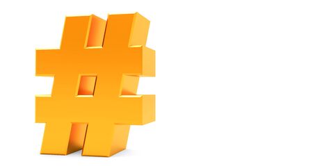 3D rendering of Golden Hashtag Icon on white background.の写真素材