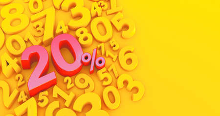 3D rendering of a red twenty percent on a yellow background with numbers. Sale of special offers....