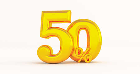 50% off. Fifty-fifty. Gold fifty percent. gold fifty percent on white background. 3D render.の写真素材