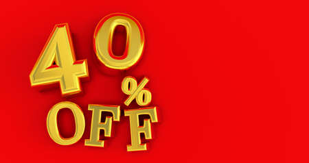 40% off. Gold forty percent. gold forty percent on white background. 3D render.