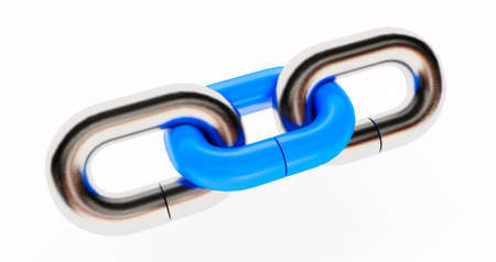 3D render of red chain with a gold link on white backgroundの写真素材