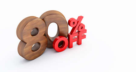 80% off. wooden eighty percent. wooden eighty percent on white background. 3D render.