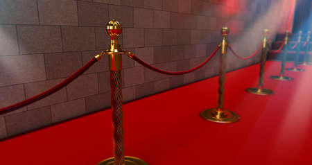 Long red carpet between rope barriers on entrance. Way to success on the red carpet. The path to...