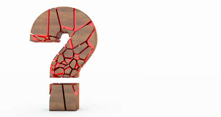 3d render of wood cracked question mark on a white background, Question in white groundの写真素材