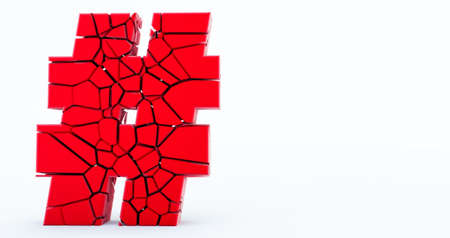 3D rendering of red cracked Hashtag Icon on white background.