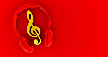 red Headphones and golden notes on red background - concept of a music . 3D renderの写真素材