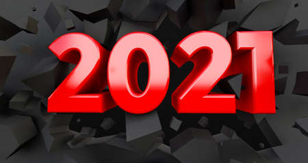 red 2021 New year on cracked black background. red  sign, 3D render, happy new yearの写真素材