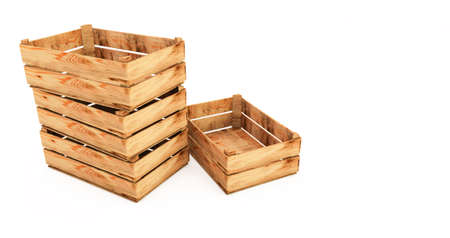 3D render of Wooden crates stack isolated on white background. Empty wooden crates