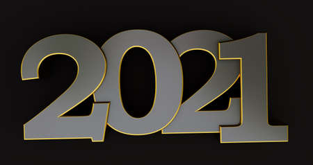 2021 New year isolated on black background. Shiny gold sign, 3D render
