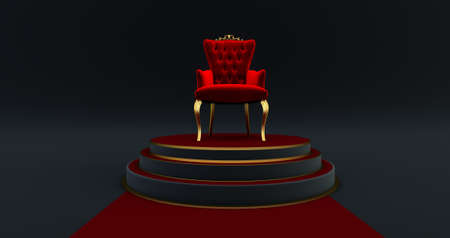 3D render of Red royal chair. Red carpet leading to the luxurious throne, Place for the king. Royal...
